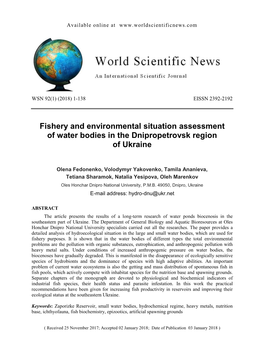Fishery and Environmental Situation Assessment of Water Bodies in the Dnipropetrovsk Region of Ukraine