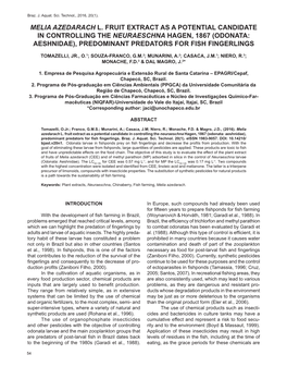 Melia Azedarach L. Fruit Extract As a Potential Candidate in Controlling the Neuraeschna Hagen, 1867 (Odonata: Aeshnidae), Predominant Predators for Fish Fingerlings