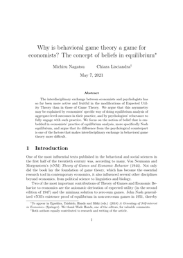 Why Is Behavioral Game Theory a Game for Economists? the Concept of Beliefs in Equilibrium∗