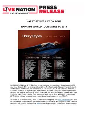 Harry Styles Live on Tour Expands World Tour Dates