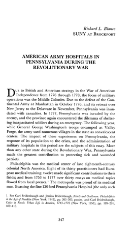 American Army Hospitals in Pennsylvania During the Revolutionary War