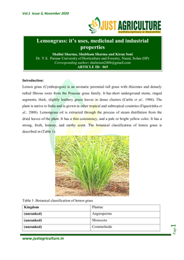 Lemongrass: It’S Uses, Medicinal and Industrial