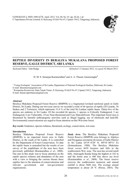 Reptile Diversity in Beraliya Mukalana Proposed Forest Reserve, Galle District, Sri Lanka