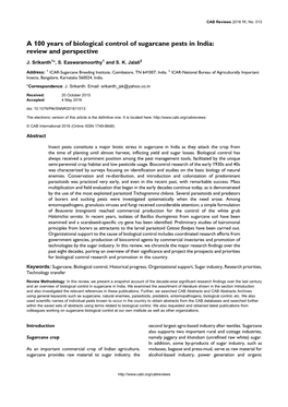 A 100 Years of Biological Control of Sugarcane Pests in India: Review and Perspective