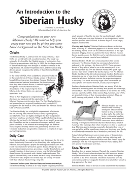 Siberian Husky Presented to You by the Siberian Husky Club of America, Inc
