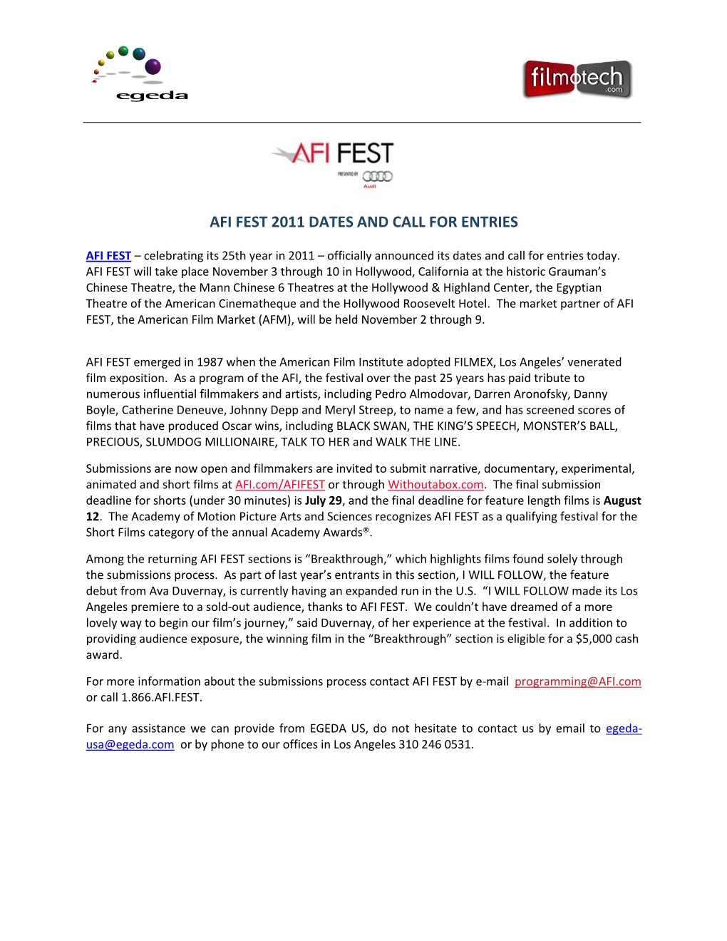 Afi Fest 2011 Dates and Call for Entries