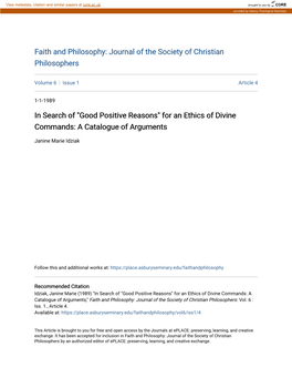Good Positive Reasons" for an Ethics of Divine Commands: a Catalogue of Arguments