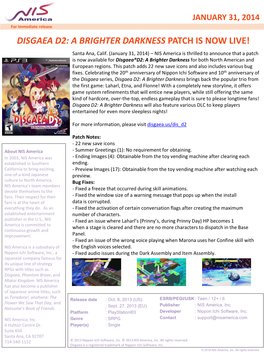DISGAEA D2: a BRIGHTER DARKNESS PATCH IS NOW LIVE! Santa Ana, Calif