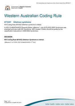 Gitelman Syndrome WA Coding Rule 0810/02 Gitelman Syndrome Is Retired