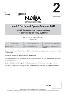 Level 2 Earth and Space Science (91192) 2012
