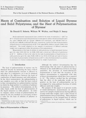 Heats of Combustion and Solution of Liquid Styrene and Solid Polystyrene, and the Heat of Polymerization of Styrenel by Donald E