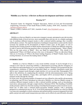 Mobility As a Service: a Review on Recent Development and Future Envision