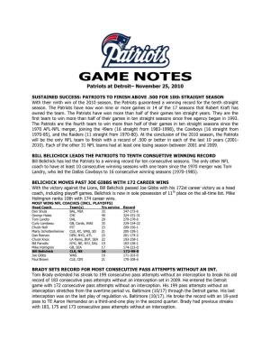 GAME NOTES Patriots at Detroit– November 25, 2010