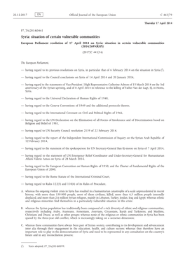 European Parliament Resolution of 17 April 2014 on Syria: Situation in Certain Vulnerable Communities (2014/2695(RSP)) (2017/C 443/16)