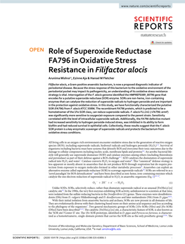 Role of Superoxide Reductase FA796 in Oxidative Stress Resistance in Filifactor Alocis Arunima Mishra✉, Ezinne Aja & Hansel M Fletcher