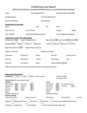 Embalming Case Report DMACC Mortuary Science – Iowa Board of Mortuary Science – Iowa Funeral Directors Association