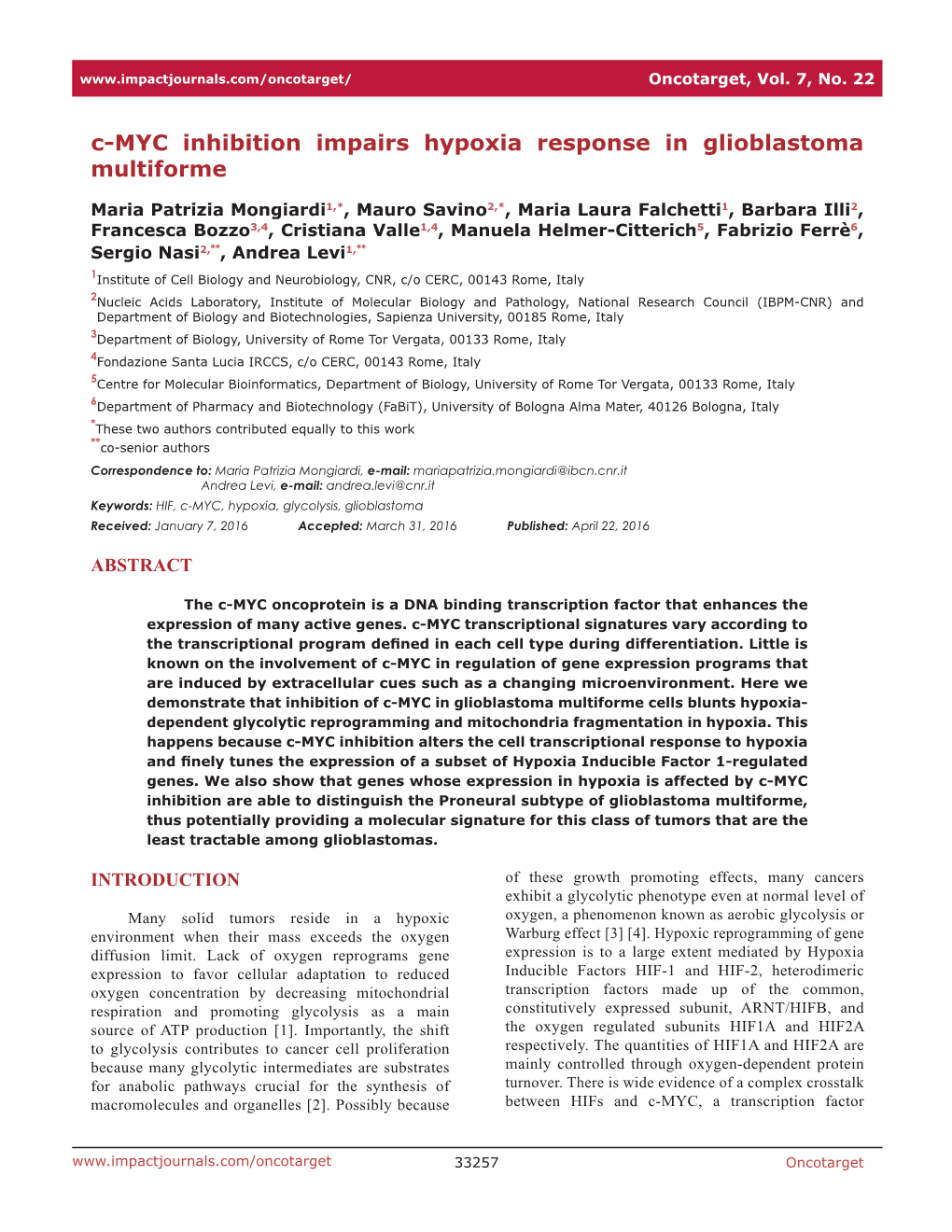 C-MYC Inhibition Impairs Hypoxia Response in Glioblastoma Multiforme