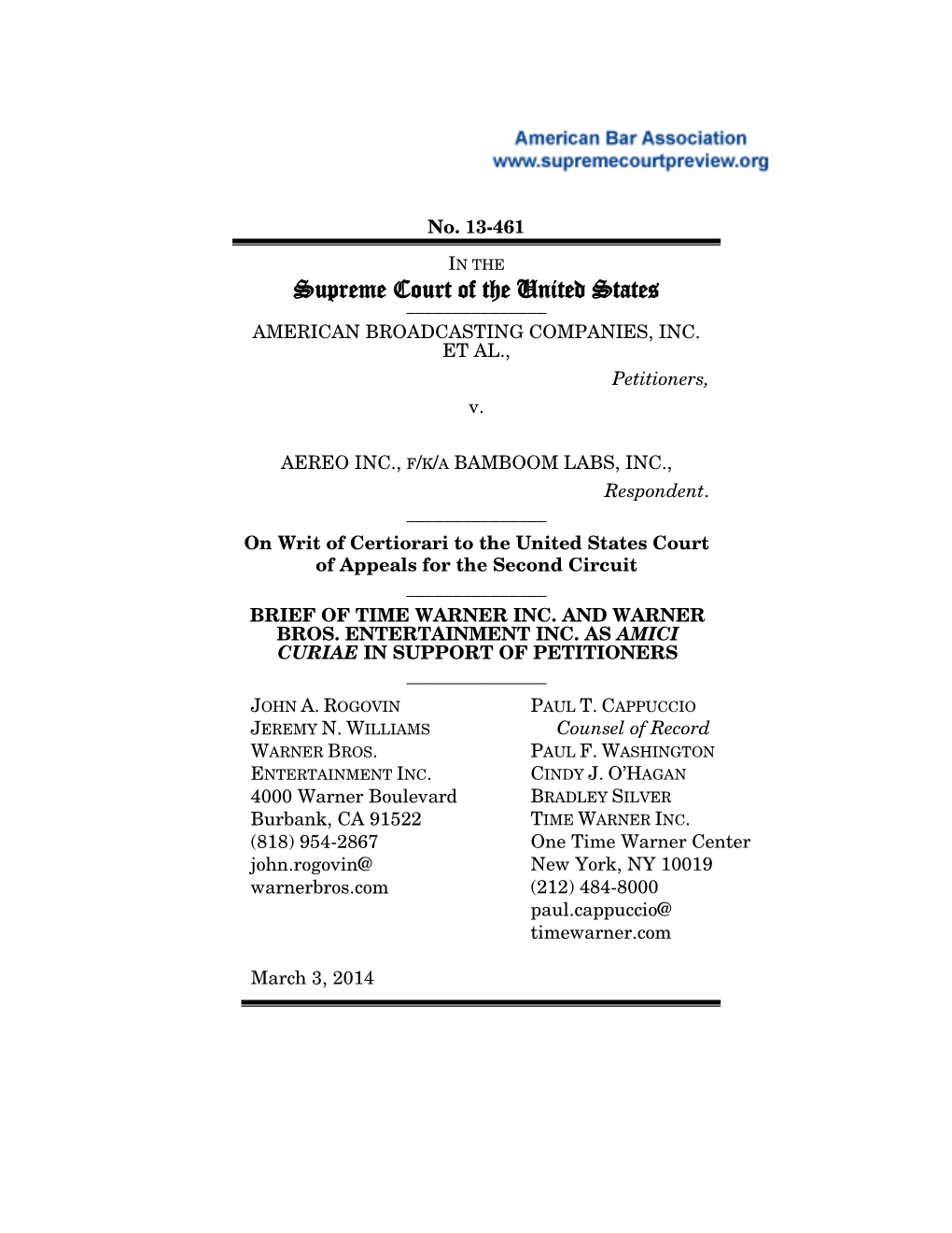 13-461 Brief for Time Warner Inc. and Warner Bros. Entertainment Inc. In