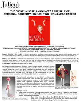 The Divine “Miss M” Announces Rare Sale of Personal Property Highlighting Her 40-Year Career