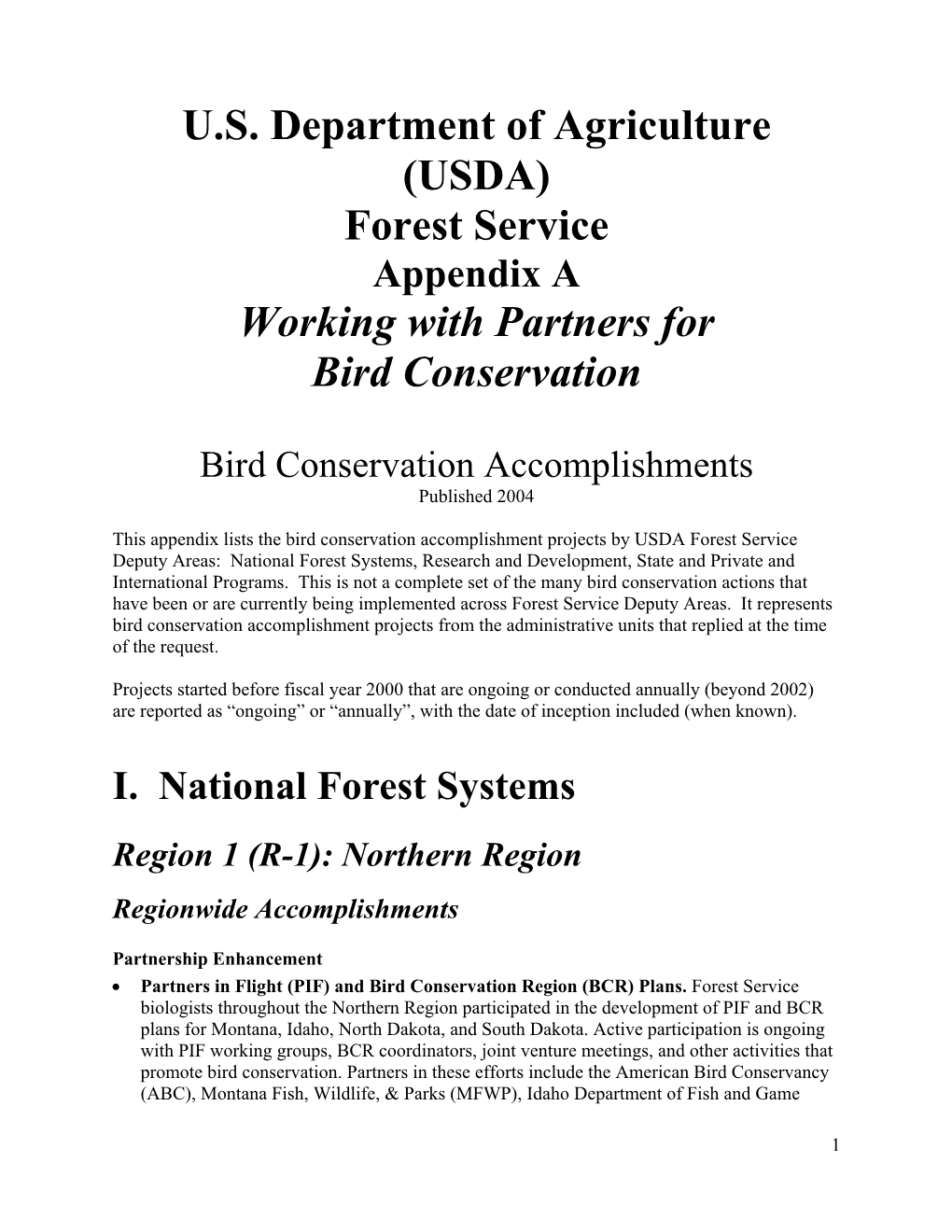 (USDA) Forest Service Working with Partners for Bird Conservation