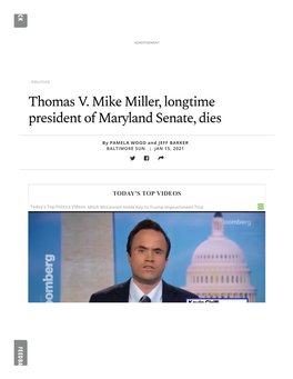 Thomas V. Mike Miller, Longtime President of Maryland Senate, Dies