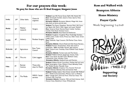 For Our Prayers This Week: Ross and Walford with We Pray for Those Who Are Ill: Brad Knapper, Margaret Jones Brampton Abbotts