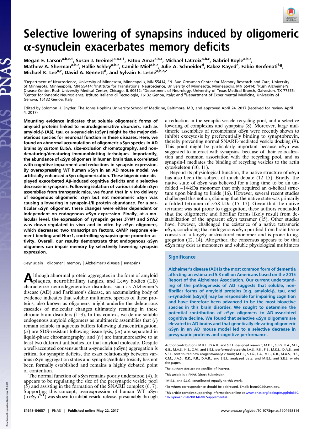 Selective Lowering of Synapsins Induced by Oligomeric Α-Synuclein Exacerbates Memory Deficits