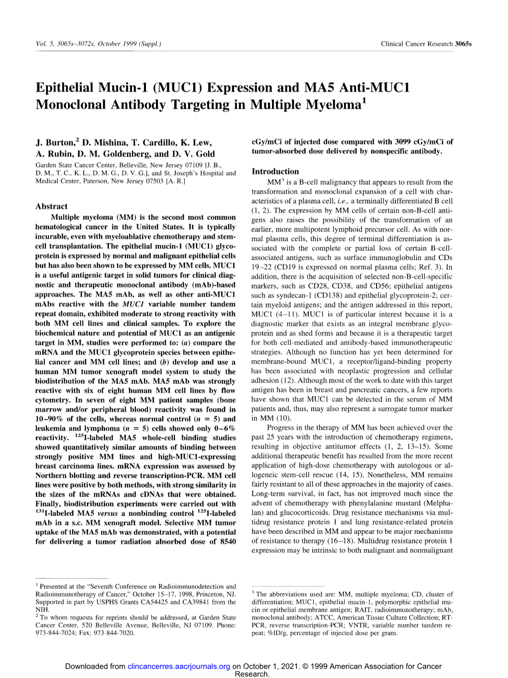 Epithelial Mucin-1 (MUCI) Expression and MA5 Anti-MUC1 Monoclonal Antibody Targeting in Multiple Myeloma I