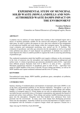 Experimental Study of Municipal Solid Waste (Msw) Landfills and Non- Authorized Waste Damps Impact on the Environment