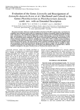 Evaluation of the Genus Listonella and Reassignment of Listonella Damsela (Love Et Al.) Macdonell and Colwell to the Genus Photo