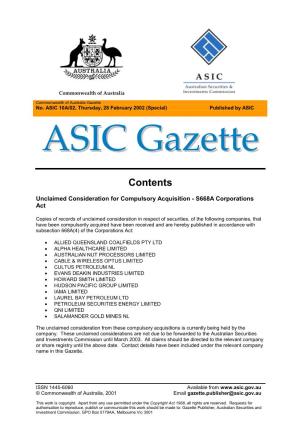 ASIC 10A/02, Thursday, 28 February 2002 (Special) Published by ASIC