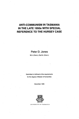 ANTI-COMMUNISM in TASMANIA in the LATE 1950S with SPECIAL REFERENCE to the HURSEY CASE
