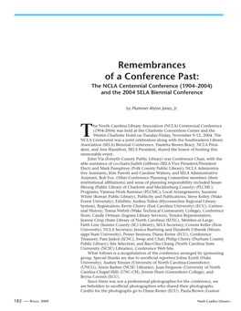 Remembrances of a Conference Past: the NCLA Centennial Conference (1904–2004) and the 2004 SELA Biennial Conference