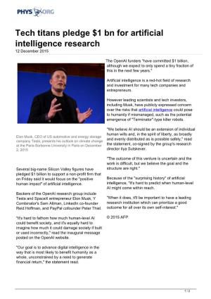 Tech Titans Pledge $1 Bn for Artificial Intelligence Research 12 December 2015