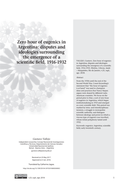 Zero Hour of Eugenics in Argentina: Disputes and Ideologies Surrounding the Emergence of a VALLEJO, Gustavo