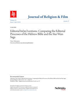 Comparing the Editorial Processes of the Hebrew Bible and the Star Wars Saga Timo Tekoniemi University of Helsinki, Timo.Tekoniemi@Helsinki.Fi