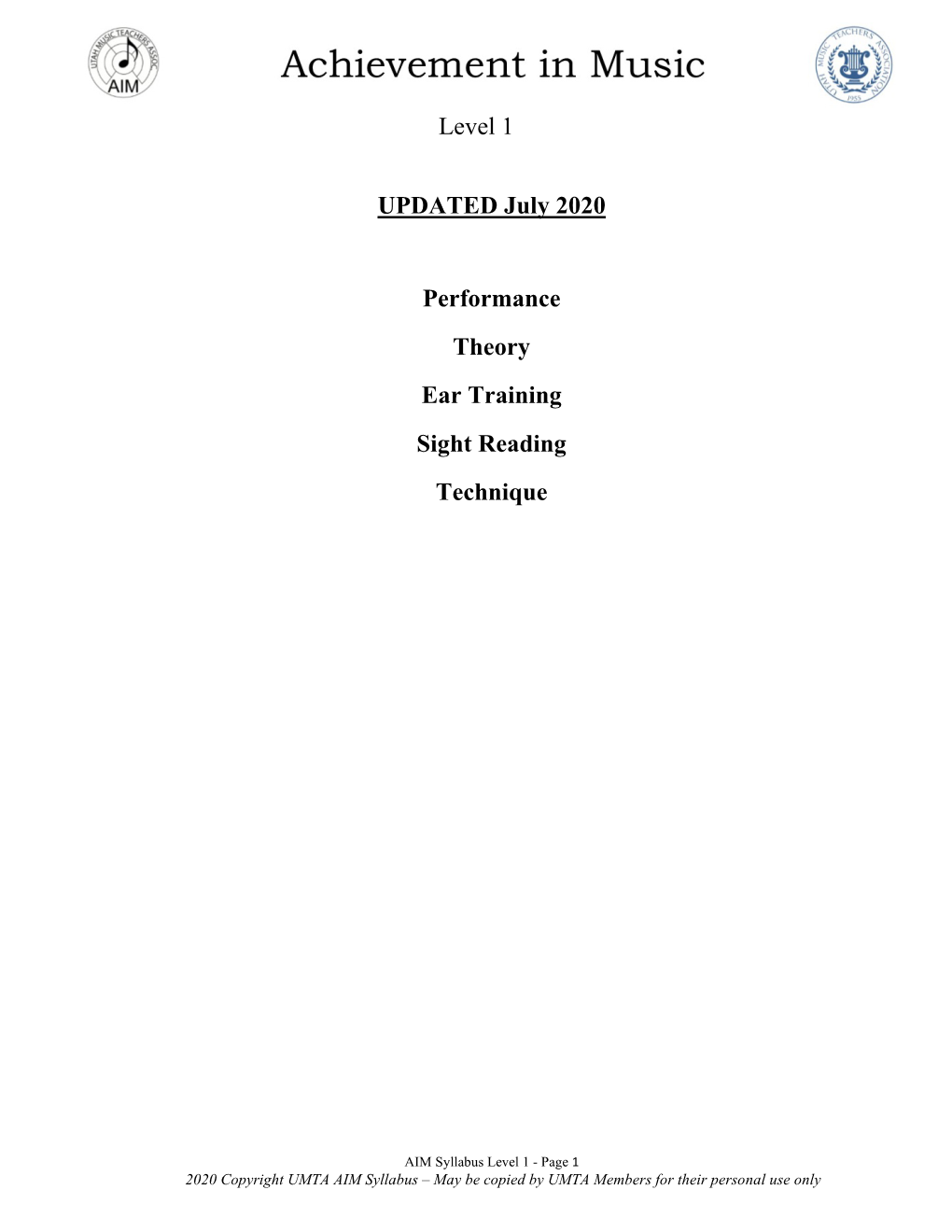 Level 1 UPDATED July 2020 Performance Theory Ear Training Sight Reading Technique