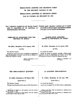 RESOLUTIONS ADOPTED and DECISIONS TAKEN by the SECURITY COUNCIL in 1951 Rltsolutions Adoptl&S ET Dlbx3ions PRISES PAR LE