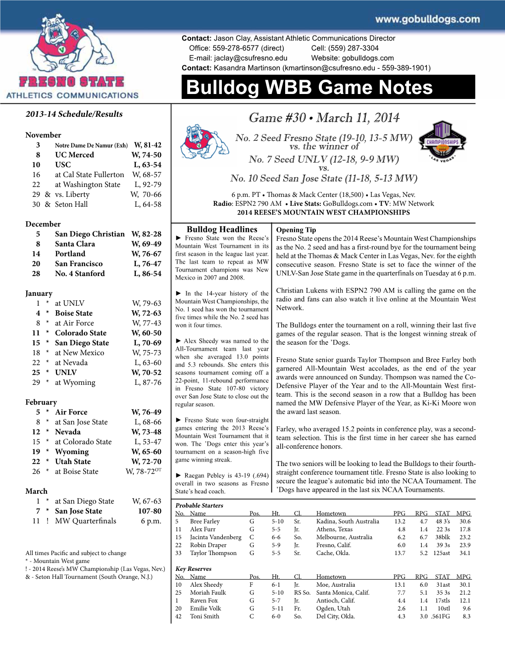 Bulldog WBB Game Notes 2013-14 Schedule/Results Game #30 • March 11, 2014 November No
