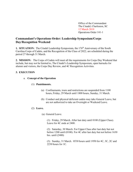 Commandant's Operations Order: Leadership Symposium/Corps Day