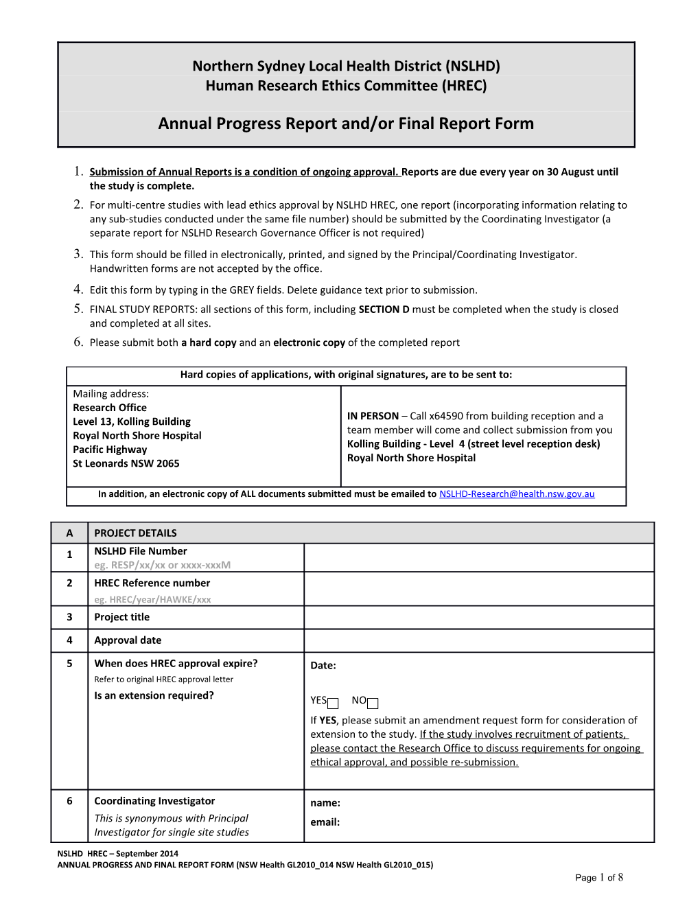 NSLHD HREC Annual Final Report Form