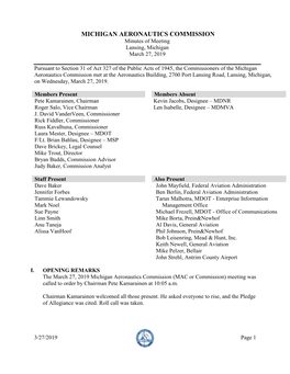 MICHIGAN AERONAUTICS COMMISSION Minutes of Meeting Lansing, Michigan March 27, 2019