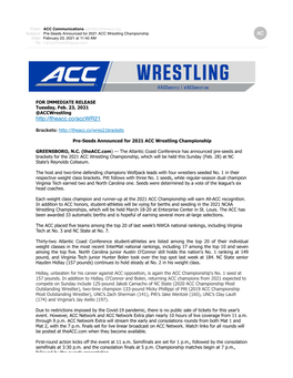 Preseeds Announced for 2021 ACC Wrestling Championship
