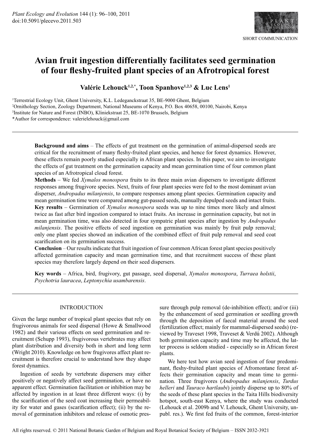 Avian Fruit Ingestion Differentially Facilitates Seed Germination of Four Fleshy-Fruited Plant Species of an Afrotropical Forest