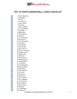 1971-72 Topps Basketball Card Checklist
