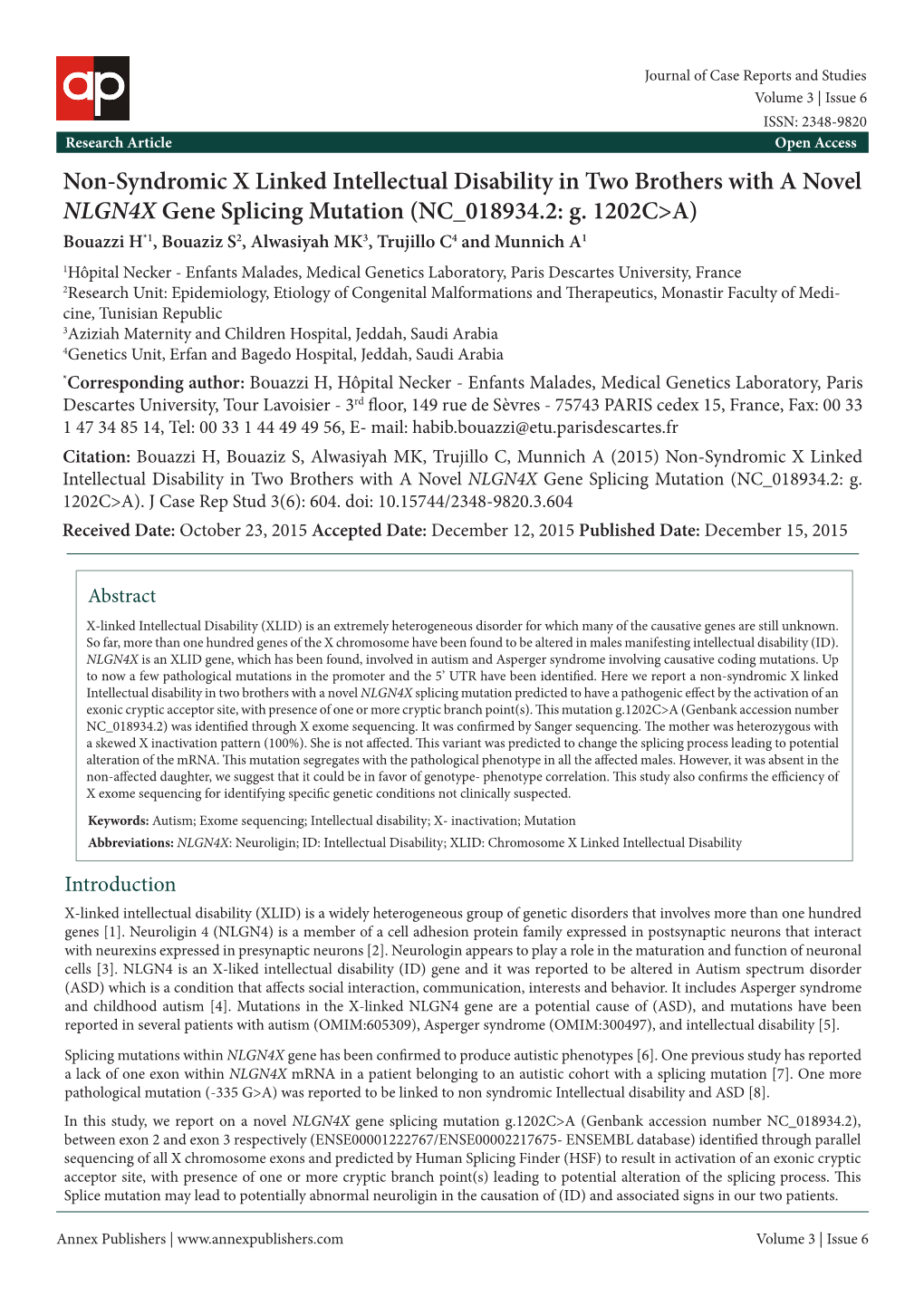 Non-Syndromic X Linked Intellectual Disability in Two Brothers with a Novel NLGN4X Gene Splicing Mutation (NC 018934.2: G