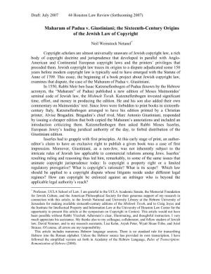 Maharam of Padua V. Giustiniani; the Sixteenth-Century Origins of the Jewish Law of Copyright