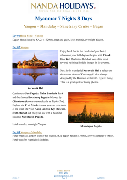 Myanmar 7 Nights 8 Days Yangon – Mandalay – Sanctuary Cruise – Bagan