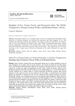 Daughter of Eve, Femme Fatale, and Persecuted Artist: the Mythic Transgressive Woman in Oscar Wilde’S and Richard Strauss’ Salome