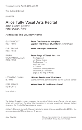 Alice Tully Vocal Arts Recital John Brancy , Baritone Peter Dugan , Piano